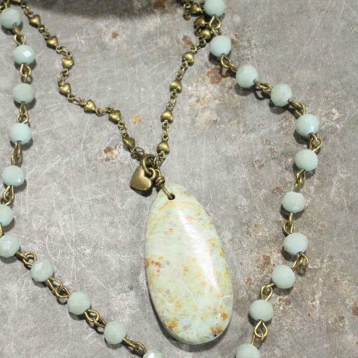 The Primitive Peddler, Inc. - Wholesale Pendant/Charm Necklace - Double Layered Stone & Bronze Heart Drop Necklace