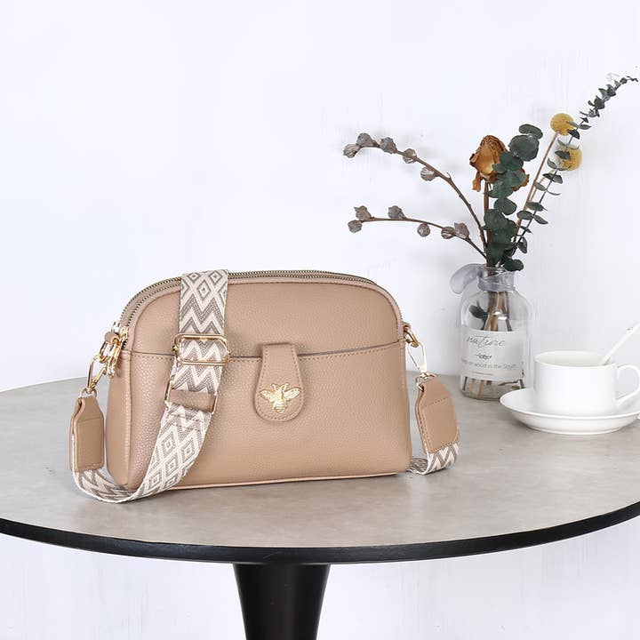 3340 Faux Leather Crossbody Bag with a Bee Logo for wholesale by House of Milano