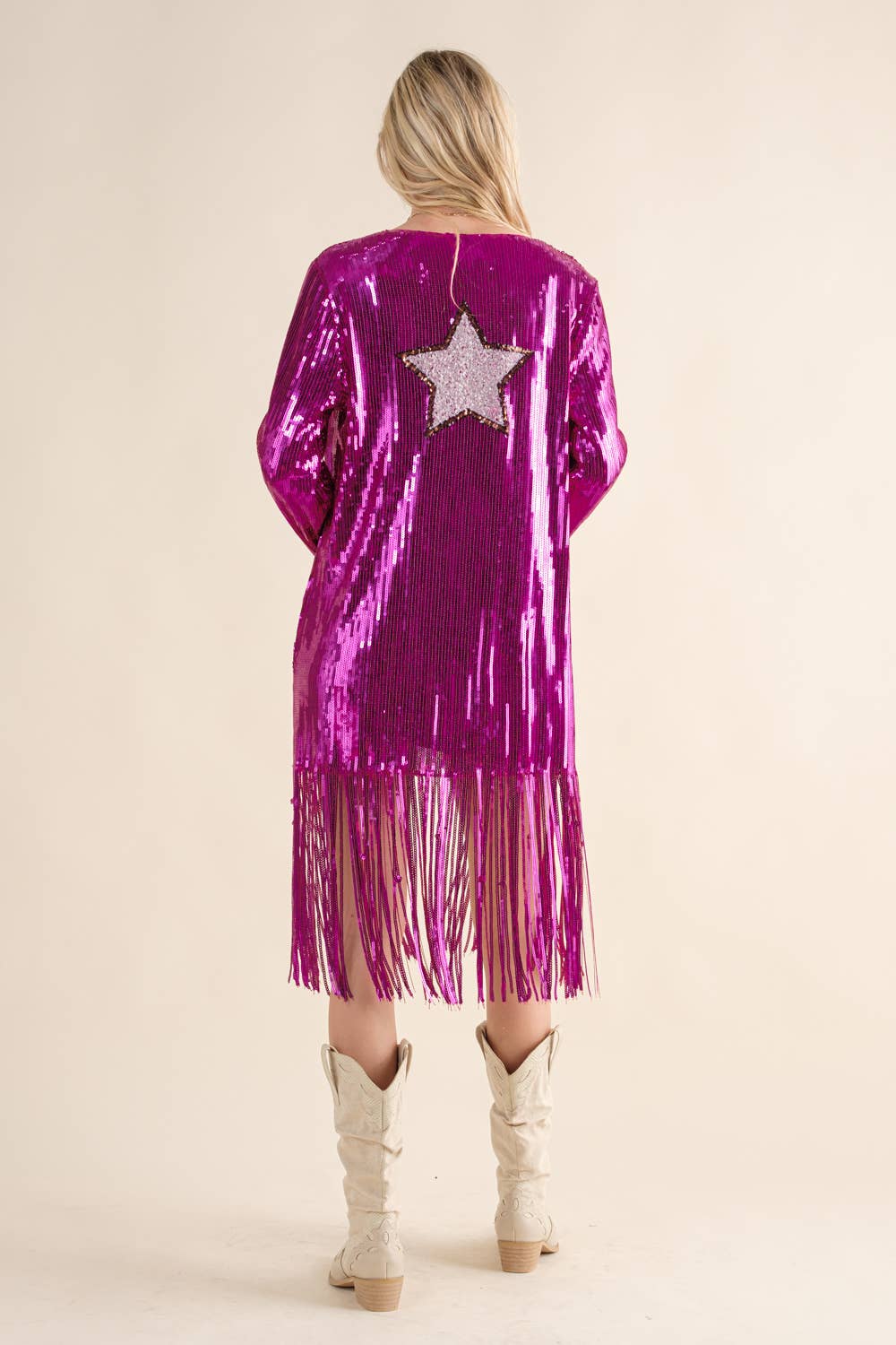 HOT PINK 32736J - Sequin Fringe Star Back Open Cardigan for wholesale on Faire5