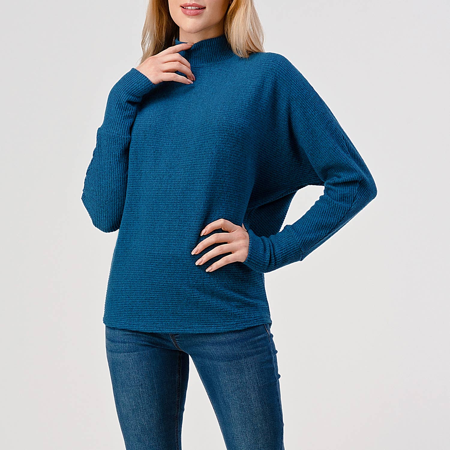 Heimious - Wholesale Knit Top - Women's - Mock Neck Long Dolman Sleeve Ribbed Knit Top, T26119