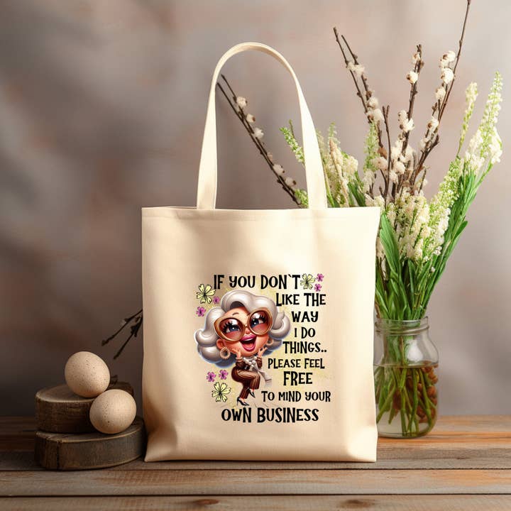 MIND YOUR own BUSINESS 12x14 canvas tote bag for wholesale by Eartherella Soap & Candle Co., LLC