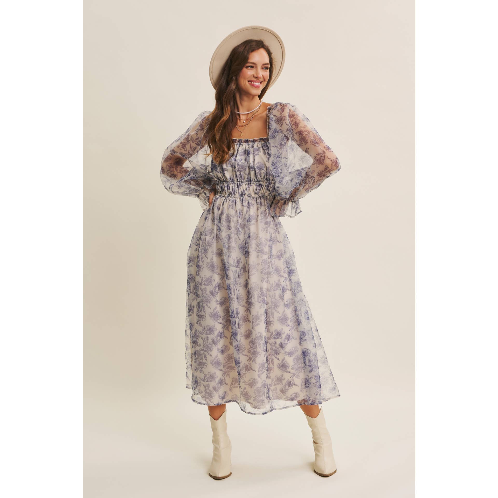 in february - Wholesale Jurk - Dames - ETHERISCHE ELEGANTIE BLOEMIGE ORGANZA MIDI-JURK MET ELASTISCHE TAILLE9