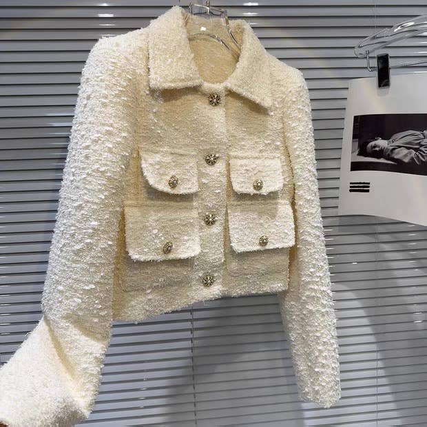 apricot SET185Y Autumn Tweed Cropped Jacket & Tailored Trousers Set for wholesale on Faire2