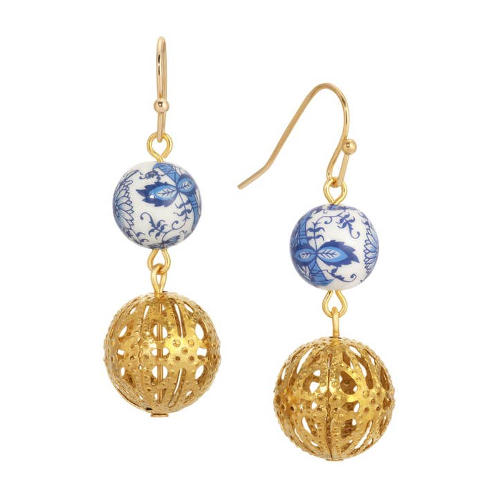Pendientes colgantes de alambre dorado con tono azul/blanco y dorado para venta al por mayor de 1928 Jewelry
