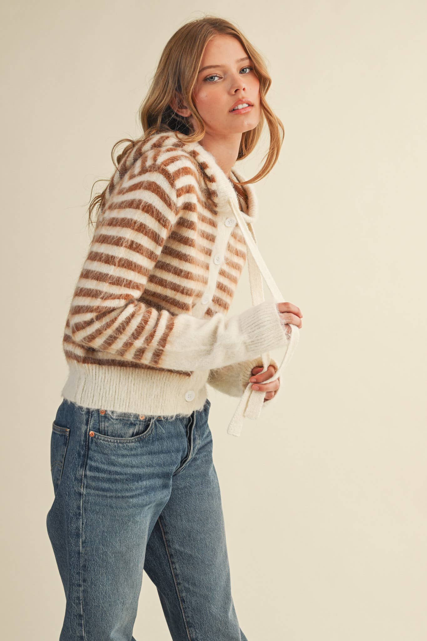 &MERCI - Wholesale Cardigan - Women's - STRIPED HOODIE SWEATER CARDIGAN MSW110634