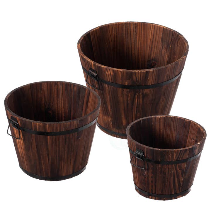 Set da 3 Vasi in Legno a Forma di Barile di Whiskey Rustico per la vendita all'ingrosso da parte di Quickway Imports