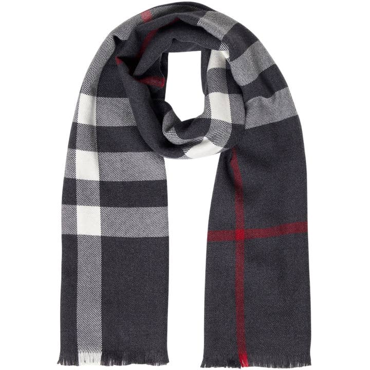 Écharpe en mérinos extra fin à carreaux noirs et rayures rouges Foxford pour la vente par FOXFORD