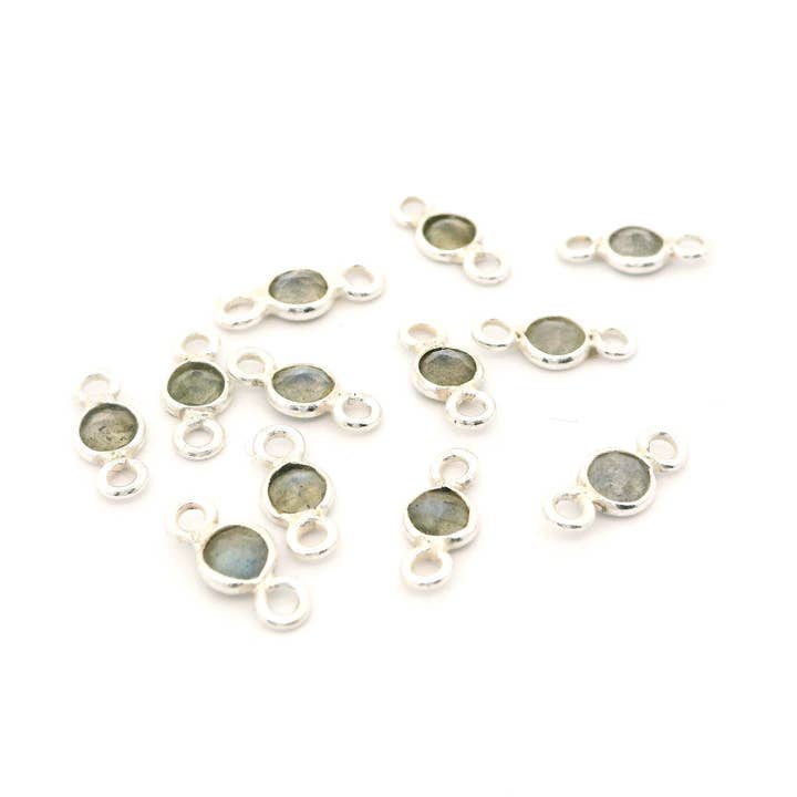 Purity Beads - Wholesale Individual Charm/Pendant - Mini Bezel Gemstone Connectors – Blue Labradorite or Rainbow Moonstone | 4mm Finished Size (3mm Stone) | 2 Loops | Sterling Silver or Gold Plated | Pack of 121
