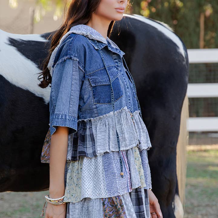 Young Threads - Wholesale Blouse - Women's - Front-Open Hooded Denim Shirt with Playful Mixed Ruffles
10