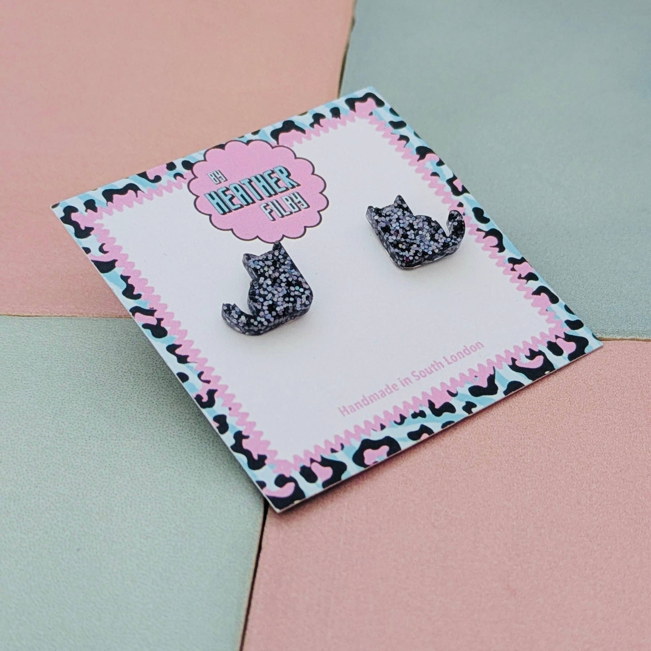 By Heather Filby – wholesale Stud/post earrings – Black Cat Glitter Stud Earrings - Best Seller1