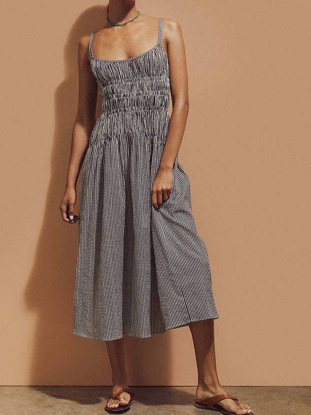 SVART Randig smockad volangmidiklänning för wholesale på Faire