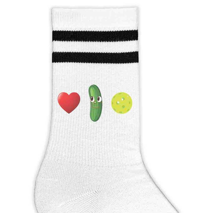 White Black I Love Pickleball Crew Socks for the Pickleball Player for wholesale on Faire