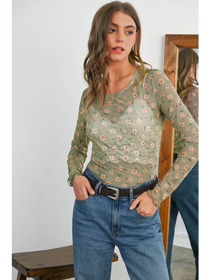 Aapparella - Wholesale Blouse - Women's - Vintage Floral Print Mesh Long Sleeve Top | S-XL3