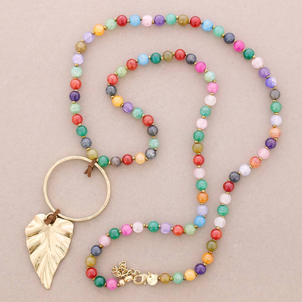 Sonata – wholesale Pendant/charm necklace – Long Crystal Necklace with Circle Metal Leaf Pendant4