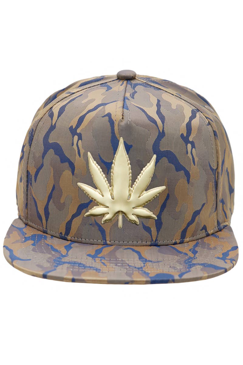 Cap Zone - Wholesale Flat Brim Cap - Men's - Gold Marijuana Leaf Embossed Camo Polyester Fabric Snapback16