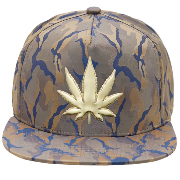Cap Zone - Wholesale Flat Brim Cap - Men's - Gold Marijuana Leaf Embossed Camo Polyester Fabric Snapback16