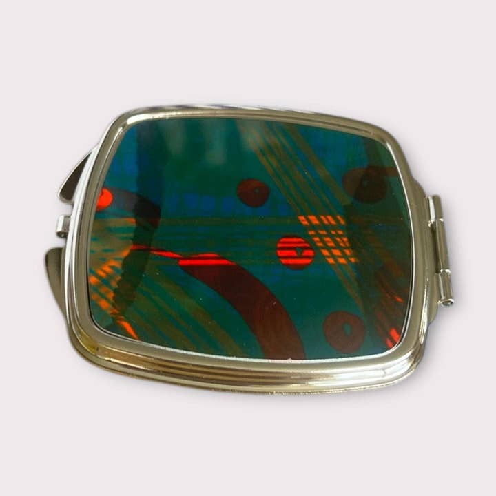 Teal green and orange compact mirror for wholesale by Rachel Stowe Jewellery
