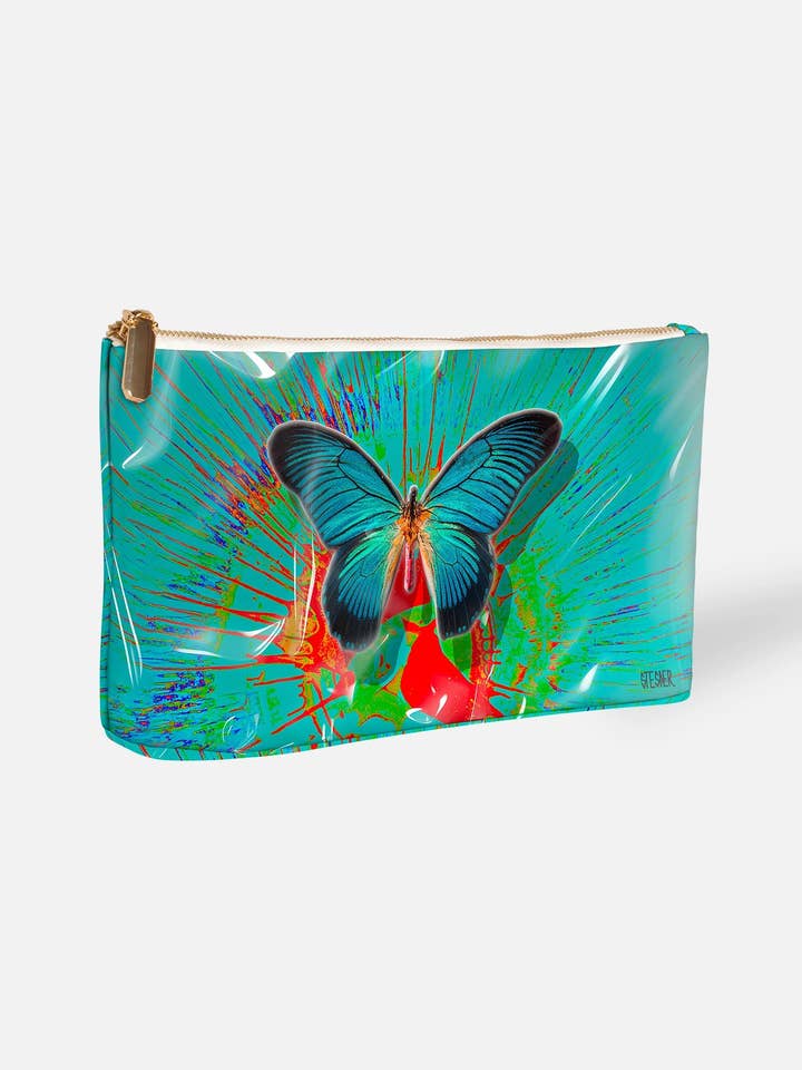 Turquoise Butterfly Makeup Bag β Vibrant Flight for wholesale by David Stesner ArtHouse