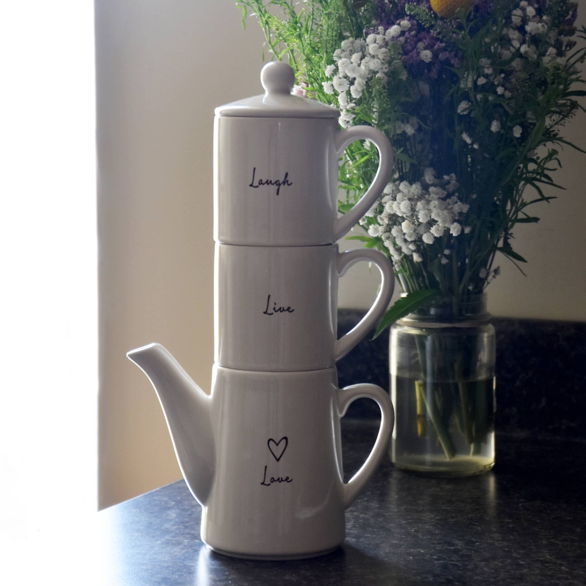 Pavilion – wholesale Tea set – Live, Laugh, Love - 15 oz Teapot With Two 8 oz Cups1