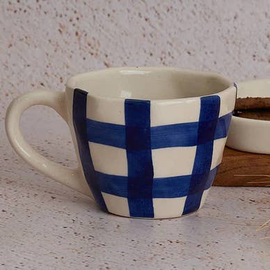 Casa Amarosa - Wholesale Coffee/Tea Cup - Gingham Check Cup and Saucer Set- Indigo