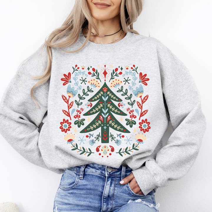 Refinery Number One LLC - Wholesale Graphic Sweatshirt - Unisex - Christmas Tree Folk Art, Scandinavian Floral Sweatshirt