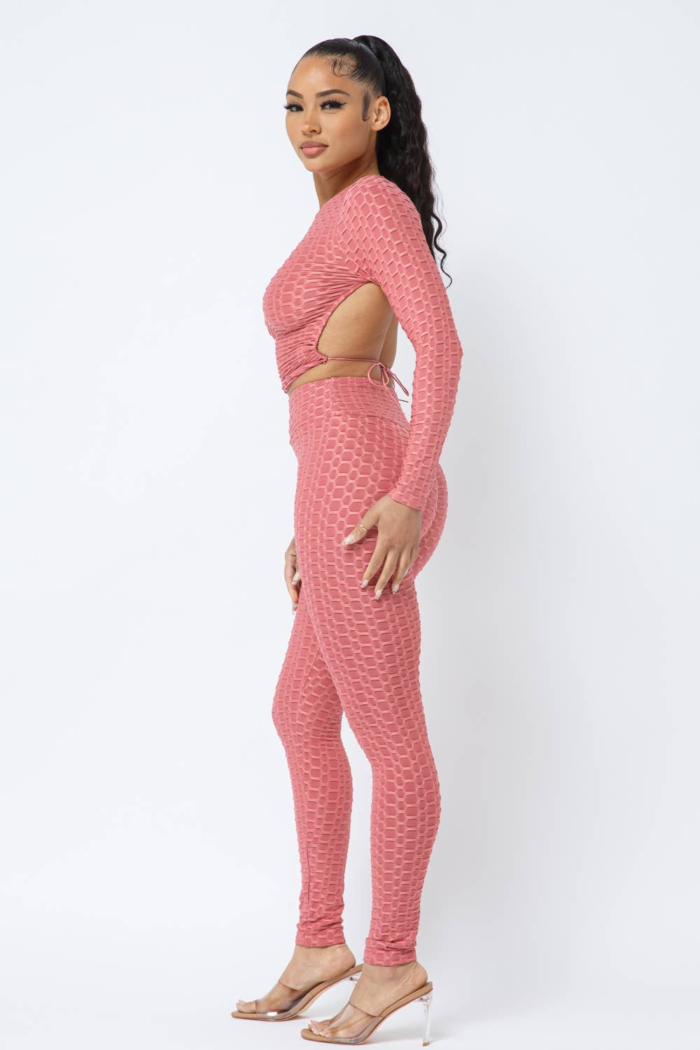 Julia by LoveJ - Wholesale Top & Pant Set (NOT Loungewear) - Women's - Honeycomb Open Back Tie Top and Leggings Set10