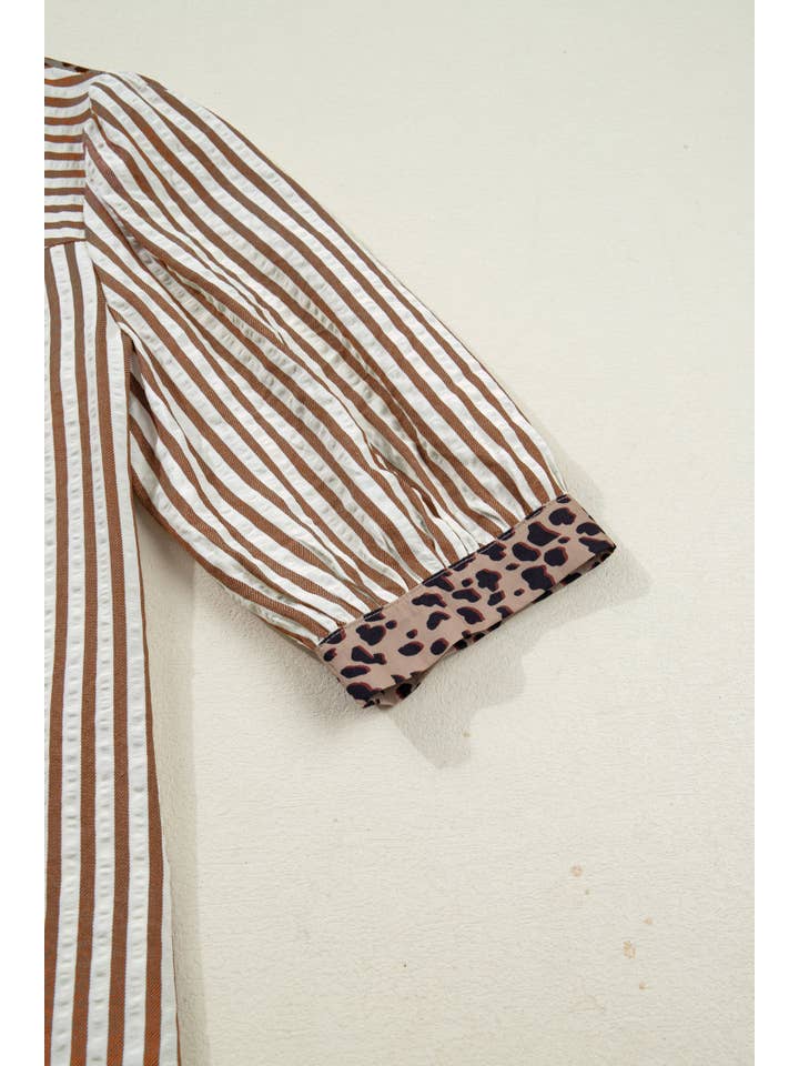 Brown Leopard Trim Button Down Stripe Half Sleeve Shirt (S-XL) for wholesale on Faire7