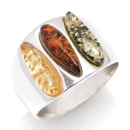 Multicolor Baltic amber drop ring, sterling silver for wholesale by OPALOOK France