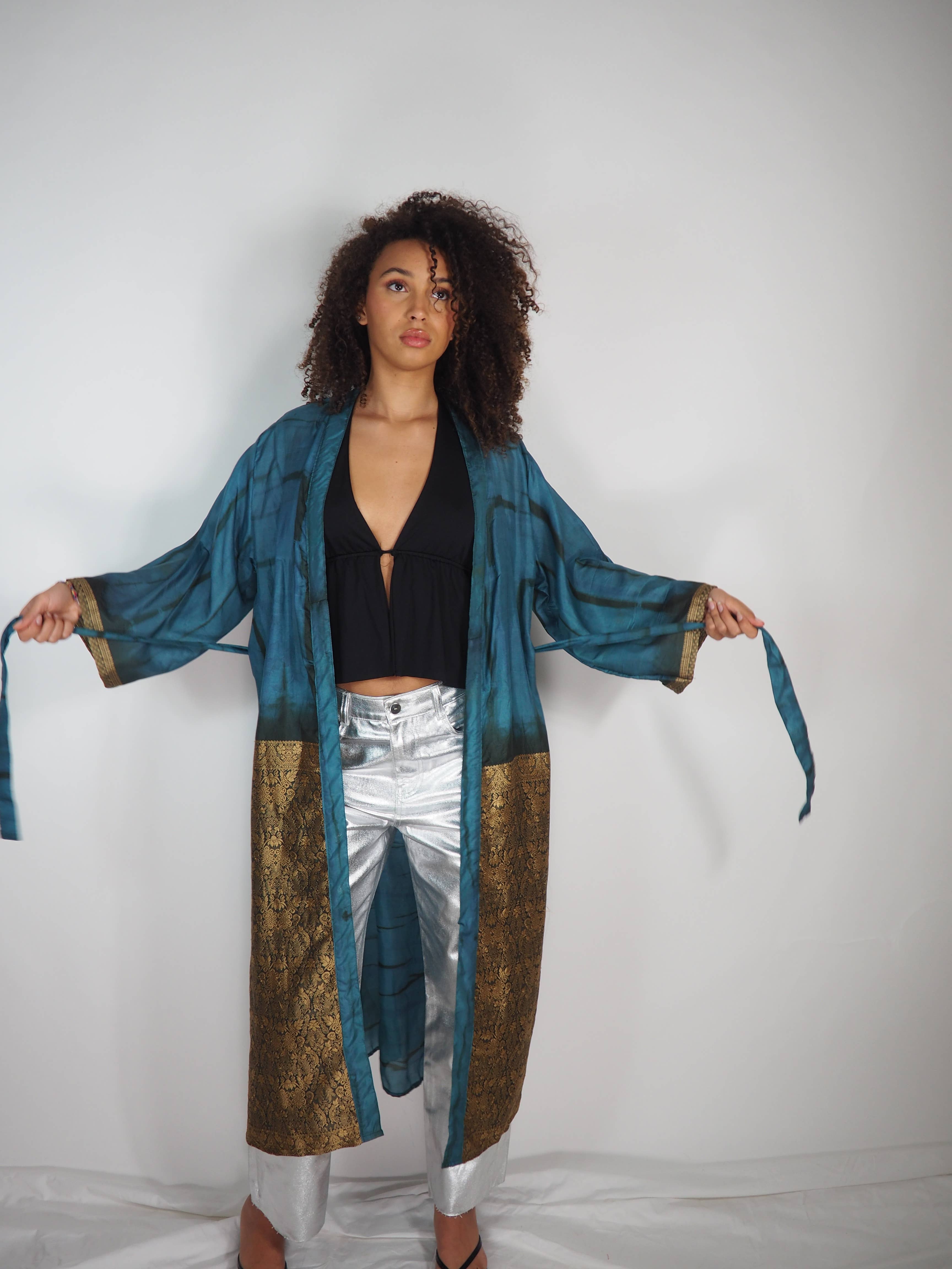 Vagabond Ibiza - Wholesale Kimono - Women's - The Kardash Kimono Long – Up-cycled Vintage Sari Kimono 45