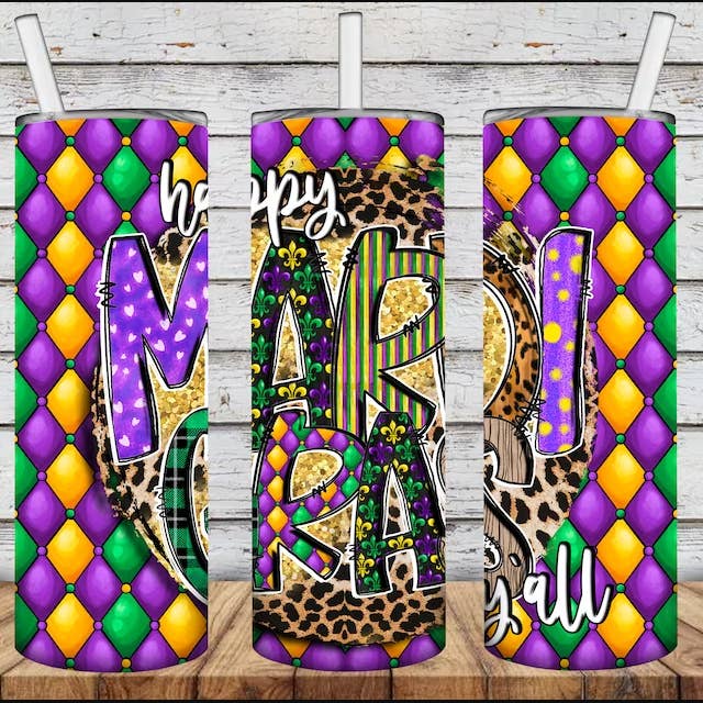 Mardi Gras Diamond Skinny Tumbler 20oz for wholesale by JAC Wholesale