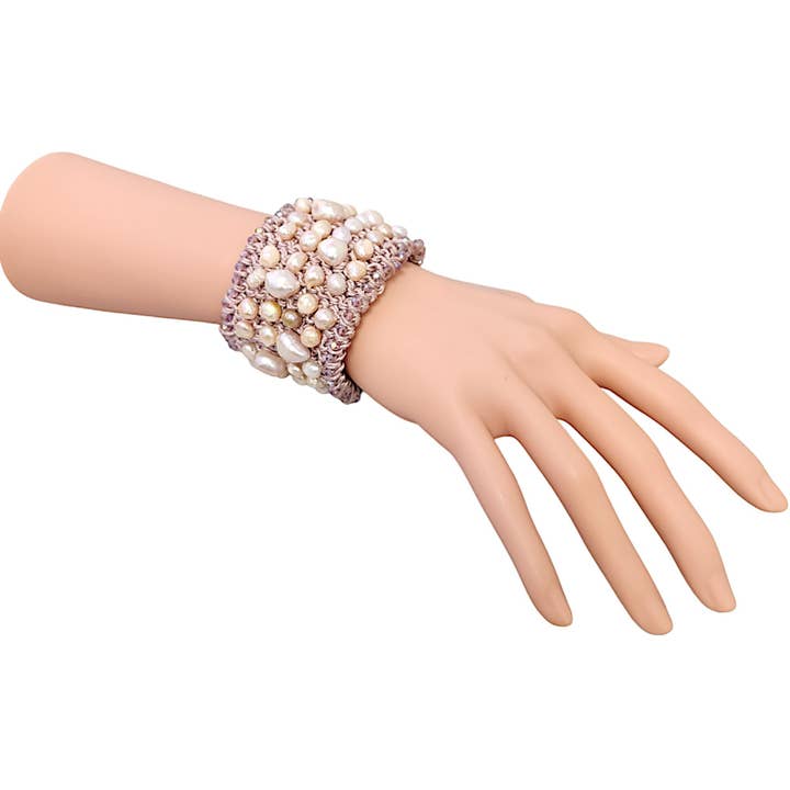 Bijoux Envie Statement Jewelry - Wholesale Cuff Bracelet - Pearl Cuff Bracelet | Pastel Pink | Crochet | Gold | Coastal
