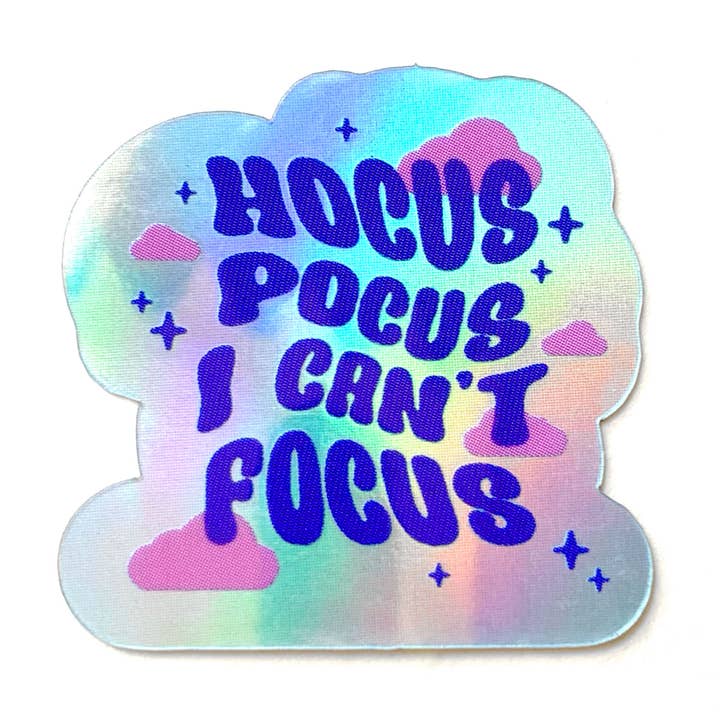 Mini autocollant Hocus Pocus I Can't Focus Holo pour la vente par Krystan Saint Cat