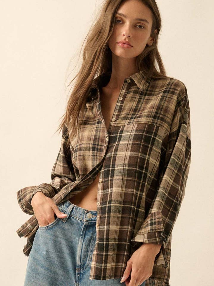 Colorblock Plaid Flannel Loose-Fit Button-Up Shirt for wholesale by Promesa USA