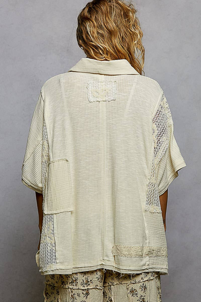 Pol Clothing - Wholesale Button Down Shirt - Women's - Collared Studded Button-down Short Sleeve Knit Shirt Top31