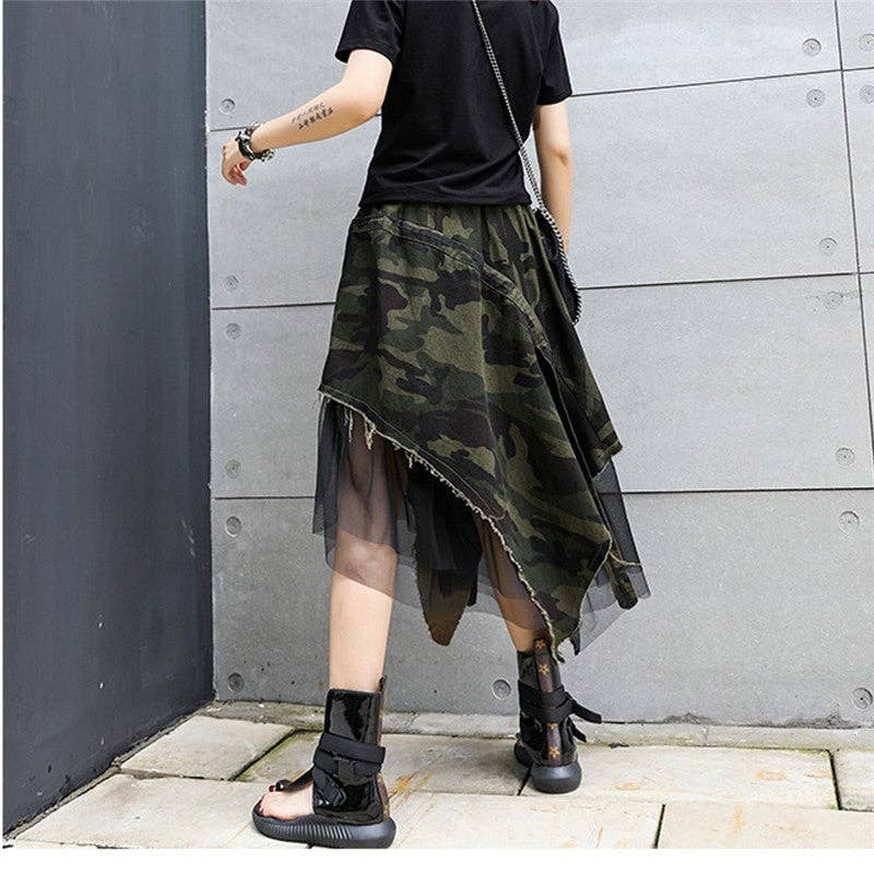 Camouflage Elastic Waist Mesh Patchwork A-Line Skirt for wholesale on Faire4