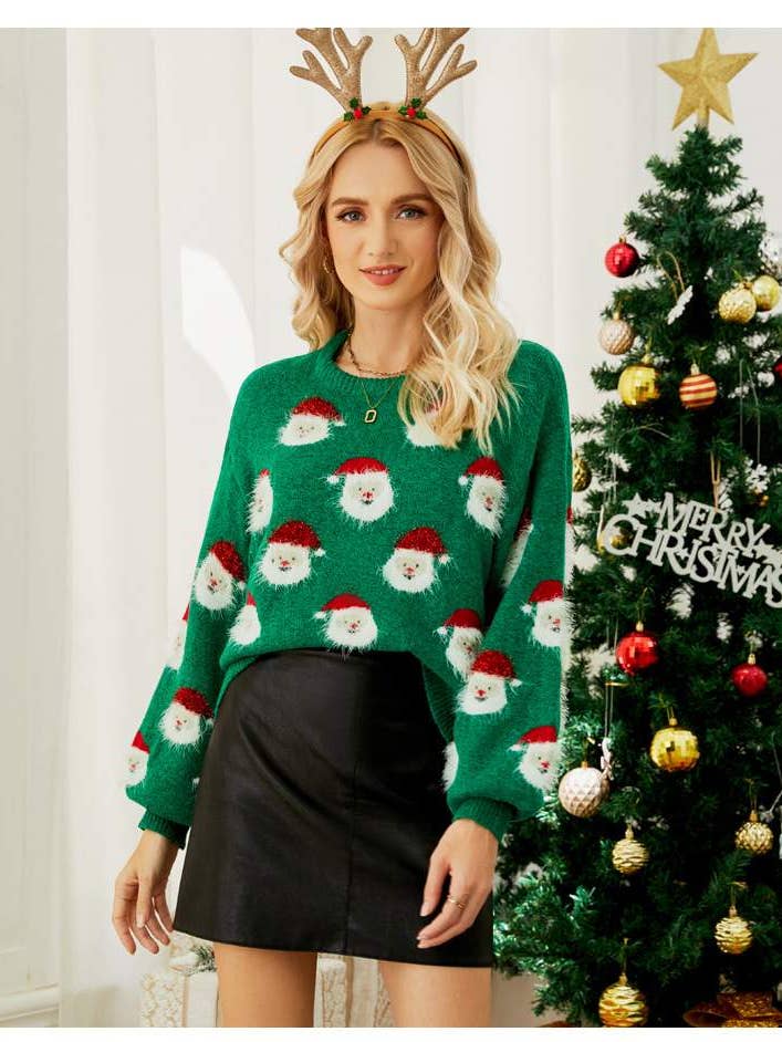 sweater cute santa head pattern crewneck pullover for wholesale by Queen Fashion
