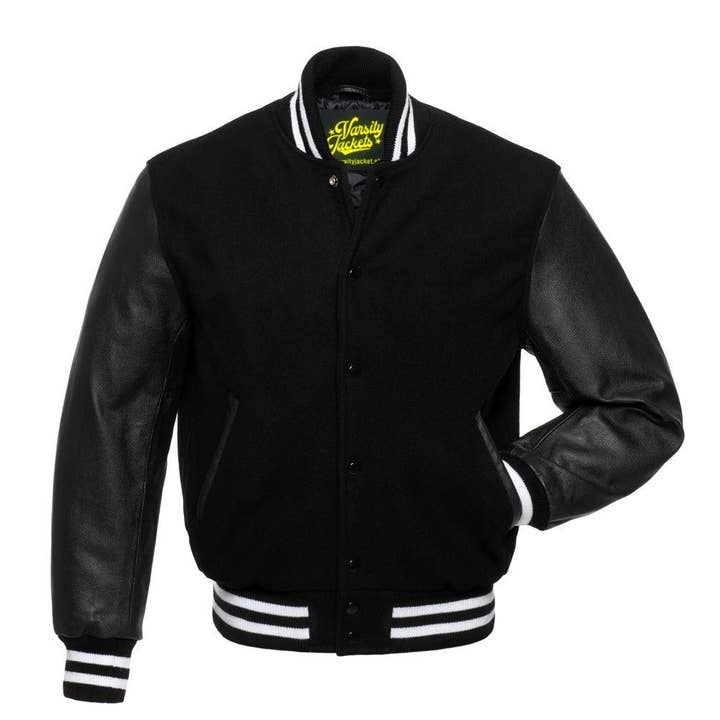 Black Wool & Black Leather Sleeves Classic Letterman Jacket for wholesale by Varsity Craft