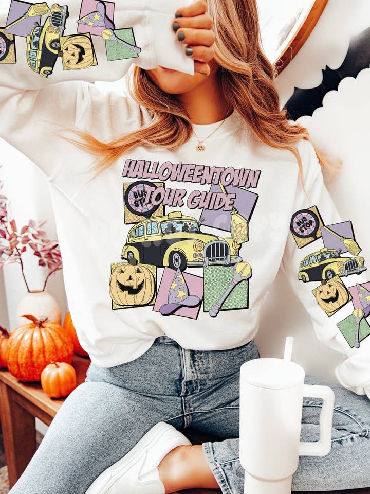Sudadera de cuello redondo con manga y guía turístico de Halloweentown para venta al por mayor de Three Sisters Design