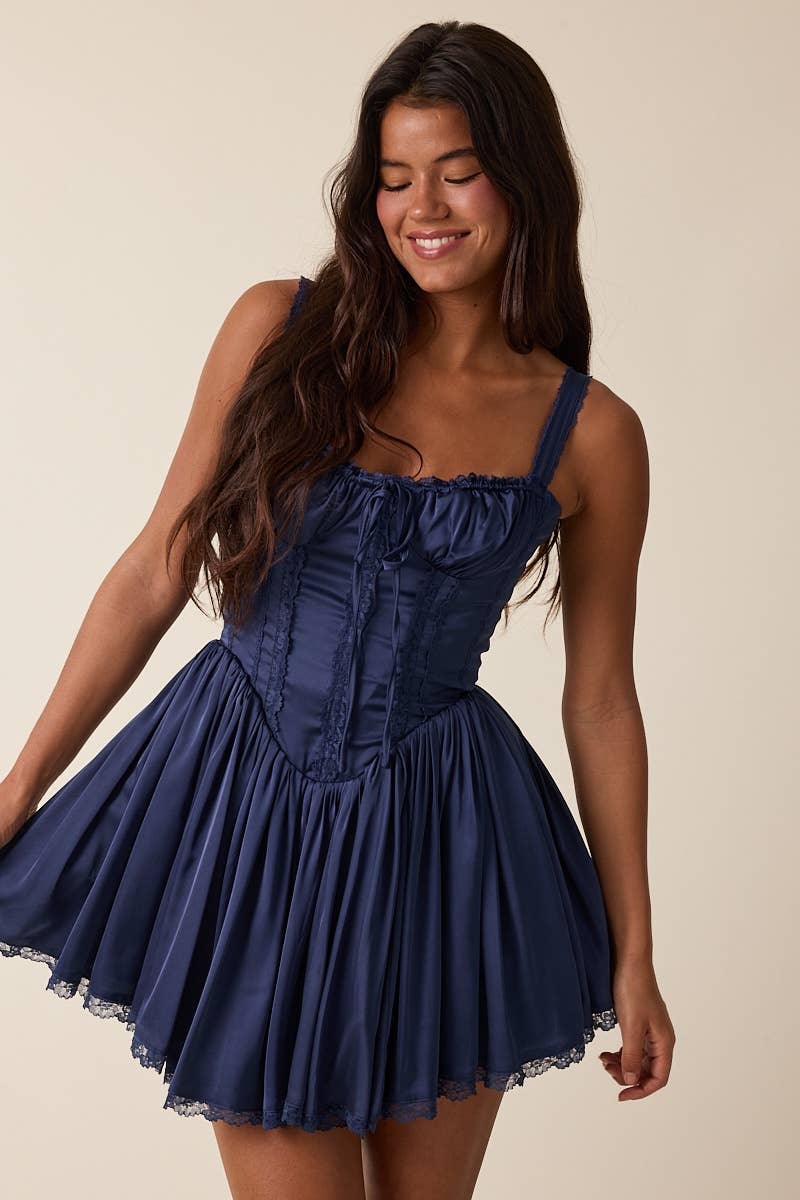 Sky to Moon - Wholesale Dress - Women's - SATIN CORSET SHAPE LACE TRIM FLARE MINI DRESS8