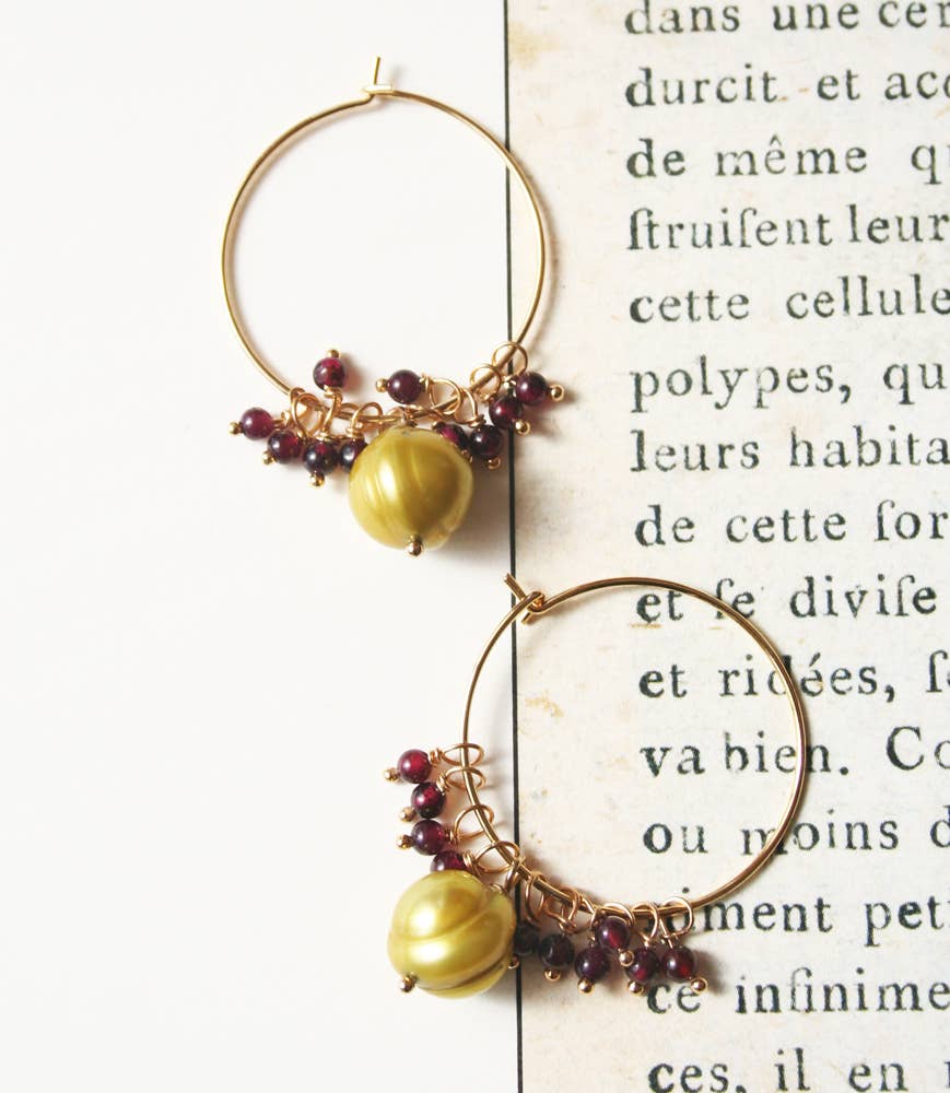 Laura Stark Designs - Wholesale Hoop Earrings - Red Garnet + Green Pearl Earrings | Red Hoops1