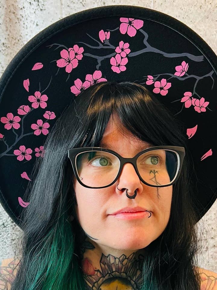 Vegan Felt Wide Brim Hat - XL Brim - "Cherry Blossoms" for wholesale by Witchwood Bags