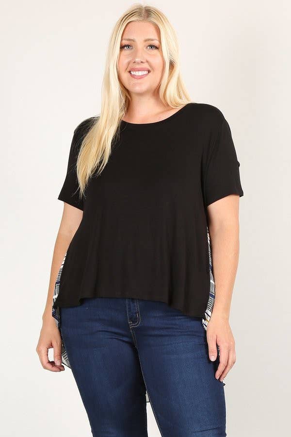 Noir Haut grande taille à manches courtes avec ourlet haut-bas et dos contrasté à carreaux en vente sur Faire2