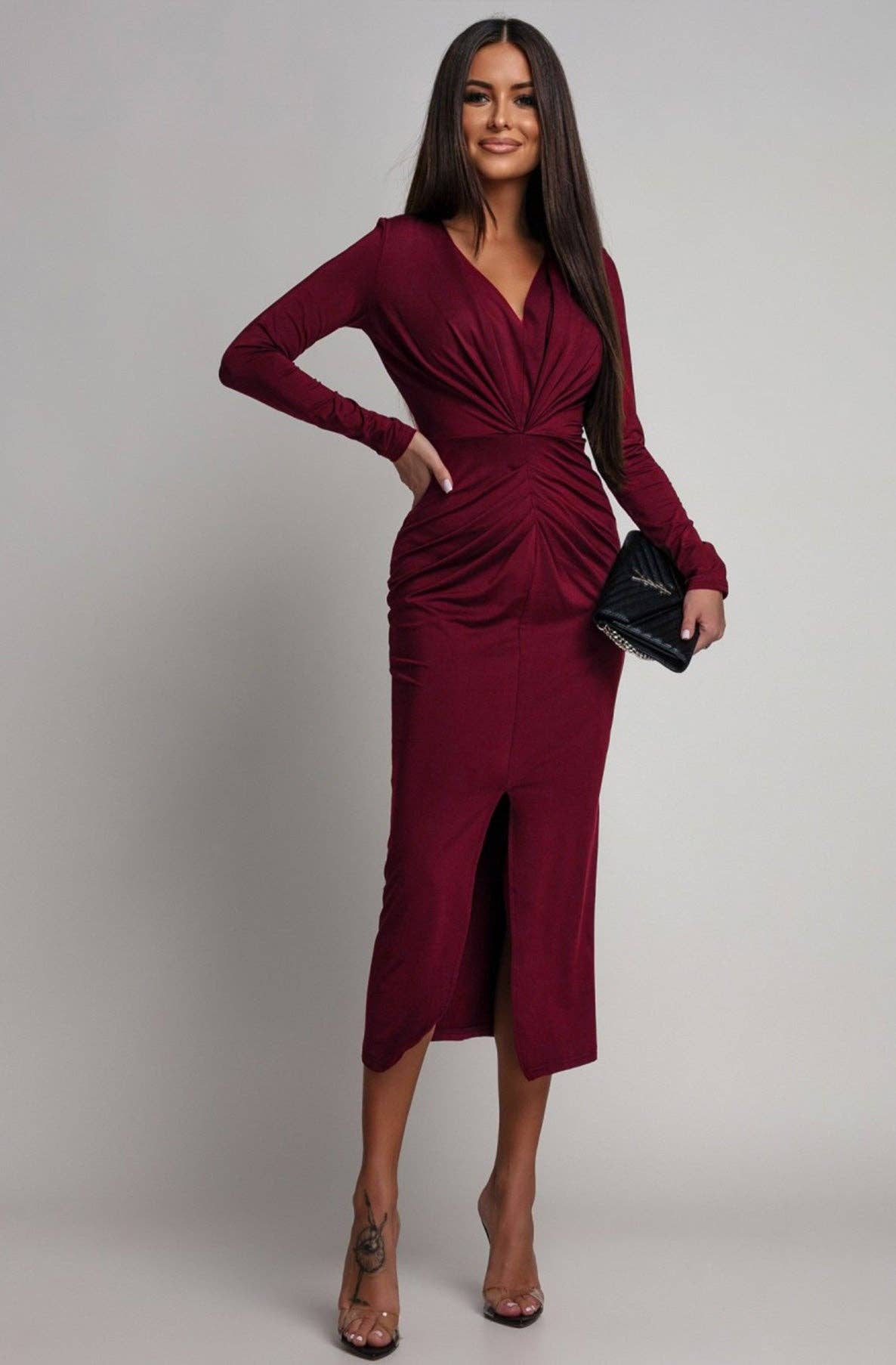 Wine Serena Ruched Bodycon Midaxi Dress-Wine for wholesale on Faire1