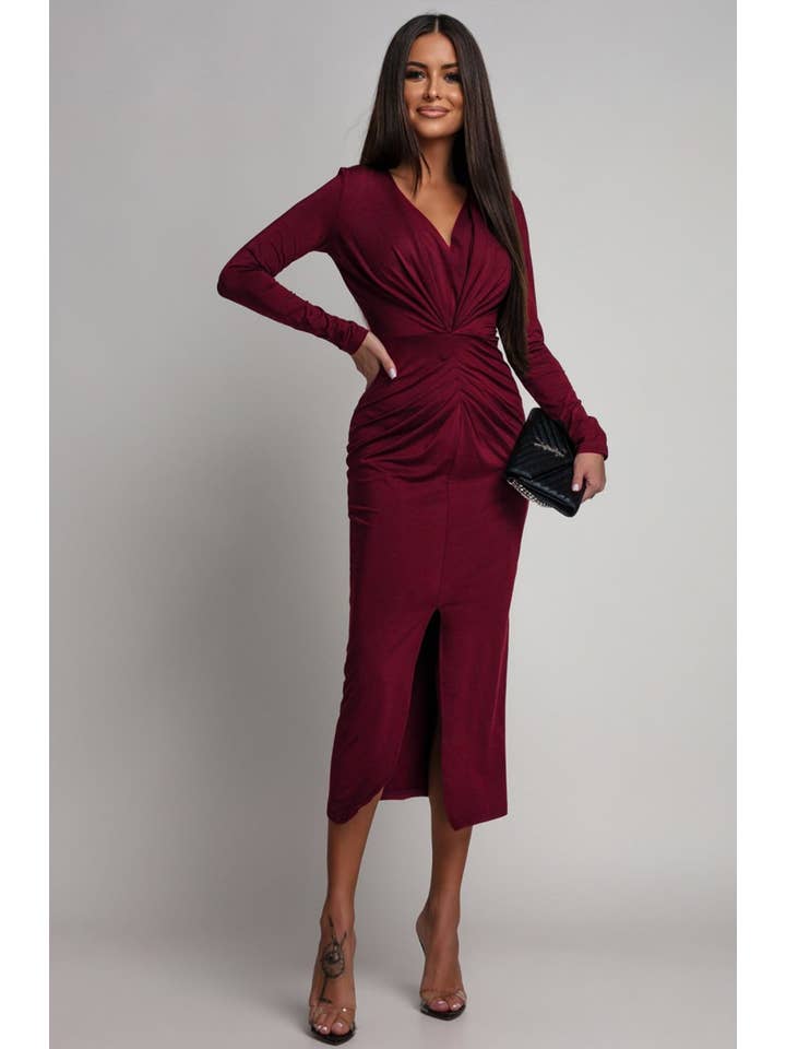 Wine Serena Ruched Bodycon Midaxi Dress-Wine for wholesale on Faire1