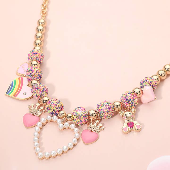 Collar de declaración con cuentas de bola Shamballa y colgante de oso de peluche con corazón de perla juguetona. para venta al por mayor de Sensibling Corp.