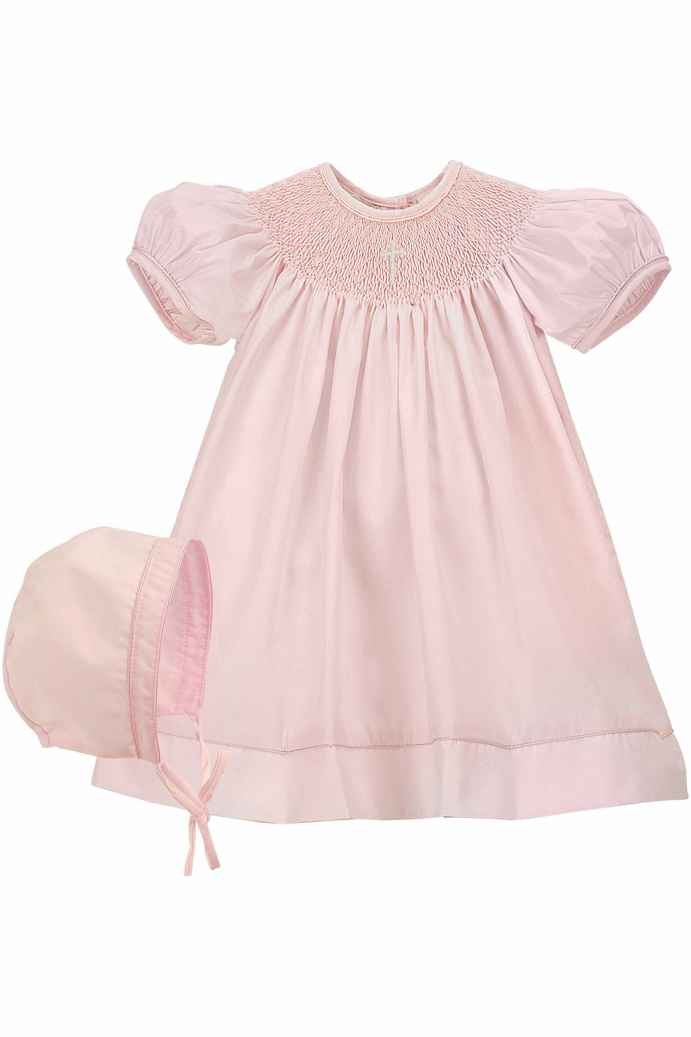 Julius Berger & Carriage Boutique - Wholesale Dress set – Baby - Baby Girls Christening Baptism Pearl Cross Dress Bonnet Pink