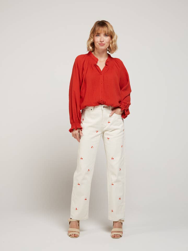 CERISE - Straight-leg jeans embroidered with cherries for wholesale by Andy & Lucy