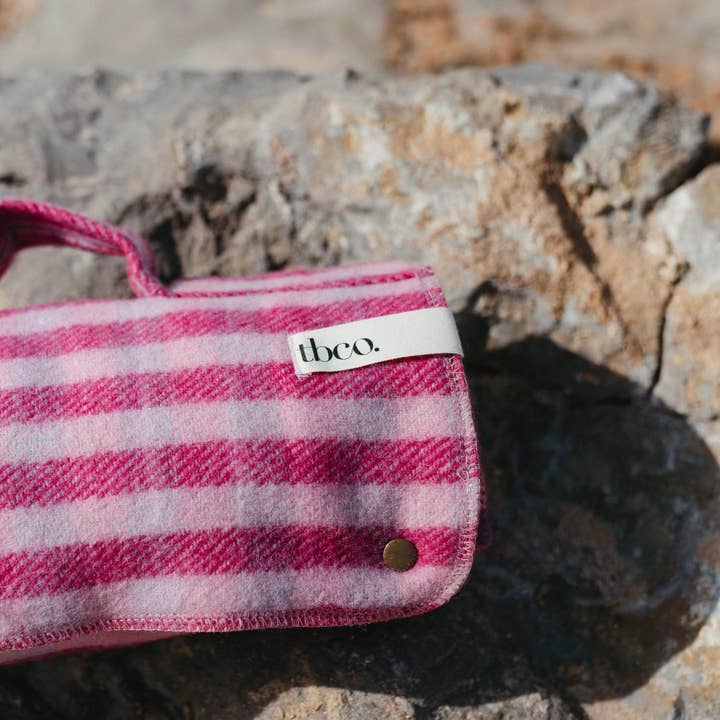 TBCo - Wholesale Picnic Blanket - Recycled Wool Small Picnic Blanket in Pink Micro Gingham2
