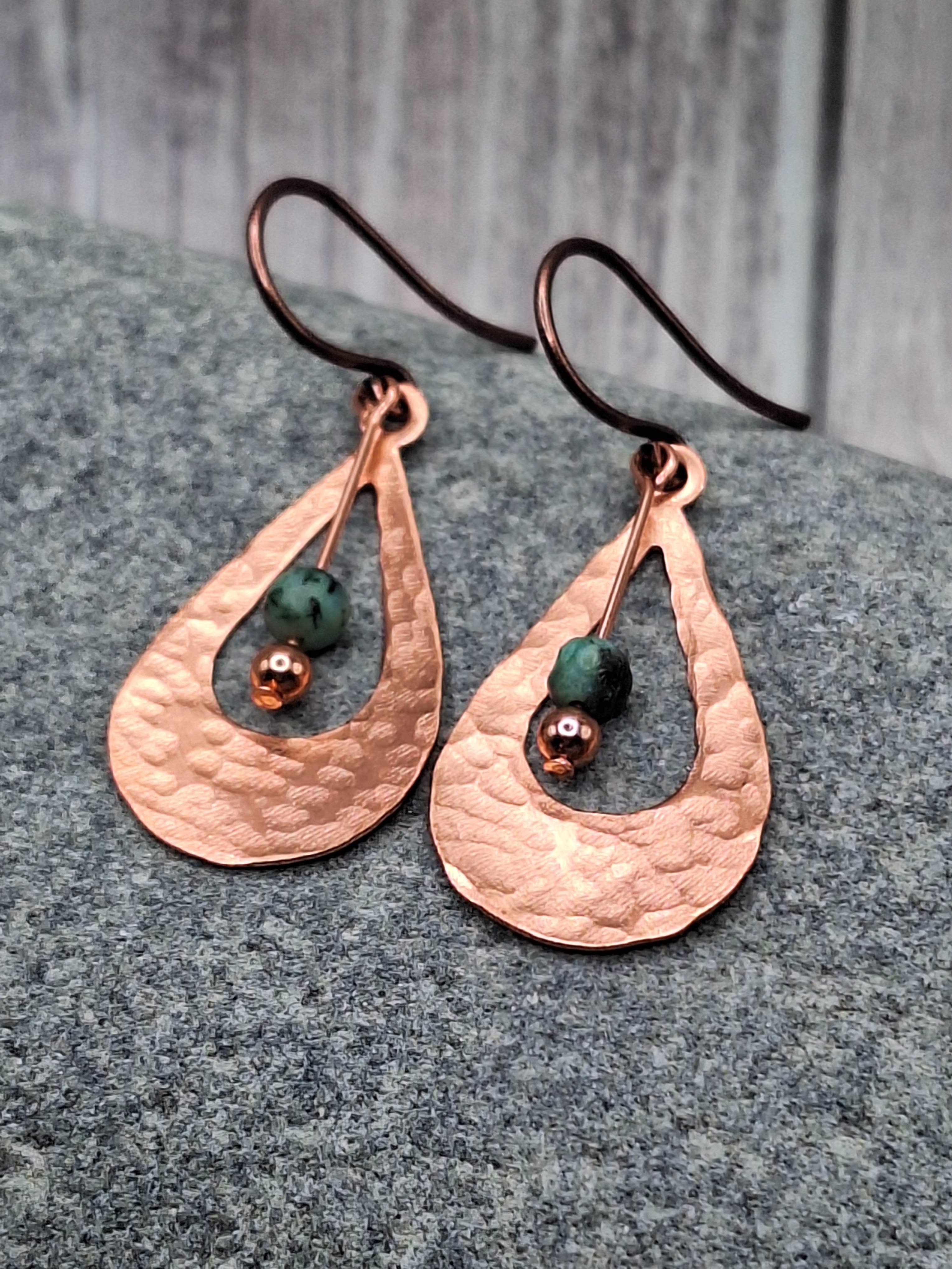 Harper House Studio - Wholesale Dangle Earrings - Boho Hammered Copper Earrings with African Turquoise 1