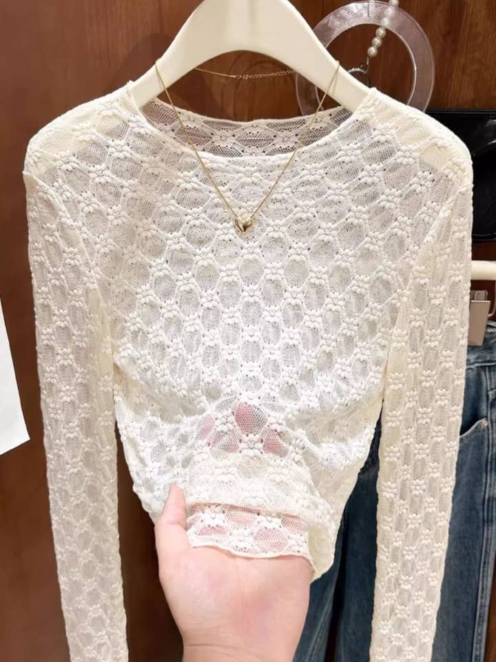 Rosa Clothing - Wholesale T-Shirt - Women's - Sheer Mesh Diamond Floral Lace Layering Fitted Crew Top15